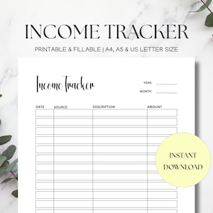 Income Tracker Template, Income Log, Finance Tracker, Income Worksheet, Personal and Business Income, Printable & Fillable PDF, A4, A5, US