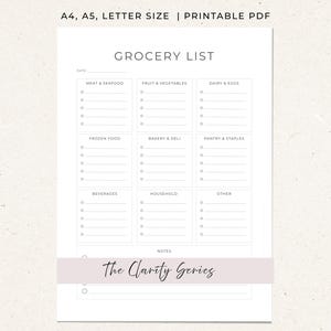 Printable Grocery List with Categories — Clarity Series Planner Insert, Family Shopping List  PDF