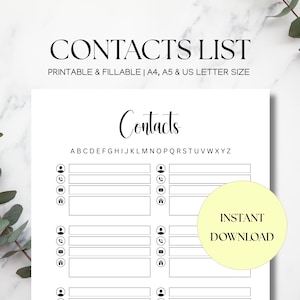 Contacts Template, Contacts List, Contact Information, Address Book, Contact Sheet, Printable, Fillable PDF, A4 A5 US size, Instant download