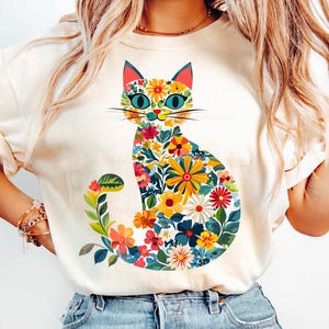 Fleurs sauvages chat Png - Floral chat PNG fleur chat sublimation - chat chemise Png - fleurs de printemps chaton - aquarelle fleurs sauvages chat Png