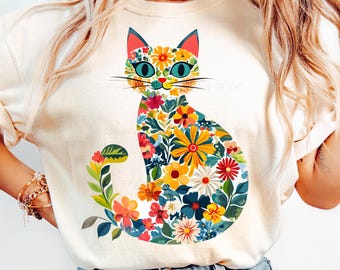 水彩画の野花猫 PNG - 花柄猫昇華、春の花子猫シャツクリップアート