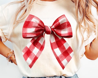 Röd och vit rutig rosett PNG - Gingham julrosett Clipart vintersemester sublimering Cricut