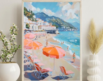 Amalfi Coast Print - Trendy Italian Beach Travel Wall Art, Positano Watercolor Poster (Digital Download)