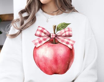 Red Apple Png - Gingam Bow Apple Clipart, Coquette Teacher Appreciation Sublimation