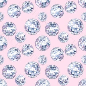 May include: A seamless pattern of silver disco balls on a pink background. The disco balls are arranged in a repeating pattern, with each ball overlapping the next.