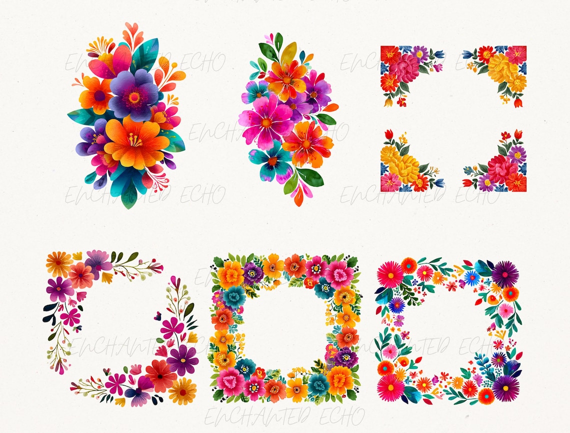 Mexican Fiesta Flowers Clipart Bundle - 23 Images Watercolor Otomi ...