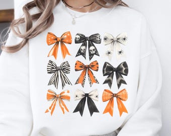 Fiocchi ad acquerello per Halloween, nastri neri e arancioni in stile girly ciquette PNG (Download digitale)