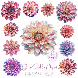 Dahlia Png scintillant - Bundle de cliparts fleurs scintillantes - Bundle de cliparts floraux magiques, Pack de sublimation de bouquet de fleurs à sequins scintillants