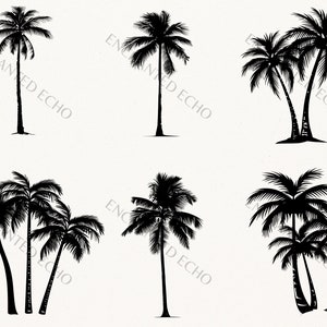 K&ouml;nnte beinhalten: Silhouette von sechs Palmen vor wei&szlig;em Hintergrund. Die B&auml;ume sind alle schwarz und haben ein tropisches Flair.