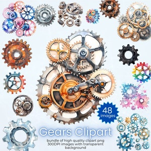 Conjunto de imágenes prediseñadas de engranajes coloridos - 48 PNG de engranajes de acuarela - Imágenes de mecanismos de engranajes mecánicos - Colección de ciencias Steampunk para uso comercial