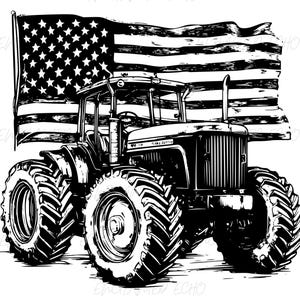 May include: Black and white illustration of a tractor with large tires. The tractor is in front of a distressed American flag.