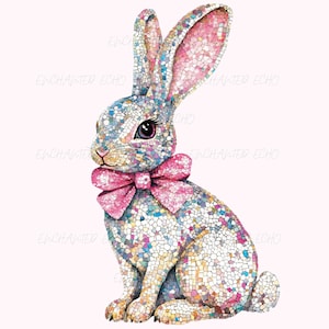 Kokette Ostern Png - Faux Pailletten Osterhase Png Kokette Rosa Schleife Kaninchen Png Niedliches Häschen Sublimation Rosa Schleife Png Glitzer Osterhase
