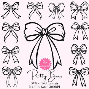 Pretty Bows SVG & PNG Bundle - 22 immagini - 44 file totali - Delicato fiocco femminile Clipart - Contorno fiocco - Coquette Bow Svg - Uso commerciale