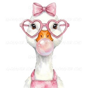 Puede incluir: Ilustración en acuarela de un ganso blanco con gafas rosas en forma de corazón, un lazo rosa y un delantal rosa. El ganso está soplando una burbuja rosa. La imagen tiene un tema caprichoso y juguetón.
