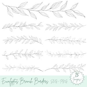 May include: A set of 15 black and white line drawings of eucalyptus branches, ideal for creating borders or frames for digital or printed projects. The images are in SVG and PNG format.
