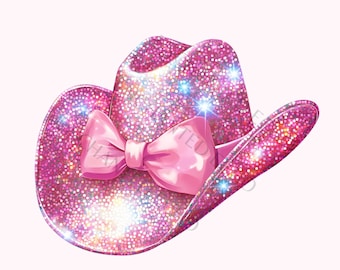 Glitter Pink Bow Disco Cowgirl Hat PNG: Coquetteful Western Cowboy Bow Cap Clipart Sublimation