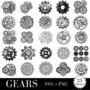 ギア SVG および PNG バンドル - 画像 25 枚、合計 50 ファイル - スチームパンク コグホイール PNG - サイエンス ギア SVG - 商業および個人使用向けの金属ギア
