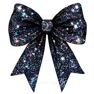 May include: A large black bow with iridescent glitter. The bow is made of fabric and has a shiny, sparkly finish.