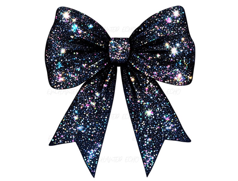 May include: A large black bow with iridescent glitter. The bow is made of fabric and has a shiny, sparkly finish.