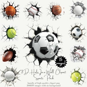 Buraco 3D em uma parede Clipart Esportes inclui 15 PNGs Clipart de esportes de alta qualidade Basquete Futebol Tênis Uso comercial Rachadura na parede PNG