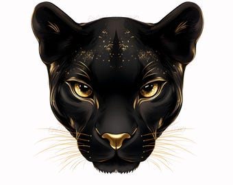 Può includere: Illustrazione dettagliata del volto di una pantera nera con accenti dorati. La pantera ha occhi giallo brillante, naso dorato e baffi dorati. Macchie dorate sono sparse sulla testa della pantera, creando un contrasto sorprendente.