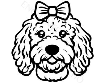 May include: A black and white illustration of a dog's face, featuring large eyes with eyelashes, a round nose, and a bow on top of its head. The dog has fluffy fur and a smiling expression, perfect for pet-themed designs.