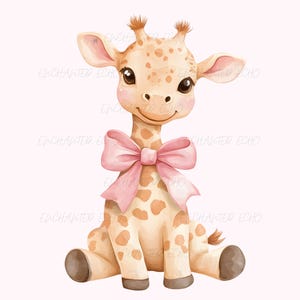 Joli bébé girafe aquarelle clipart - Clipart mignon de chambre d'enfant de la jungle sur le thème des girafes Coquette graphique rose noeud bébé animal Png