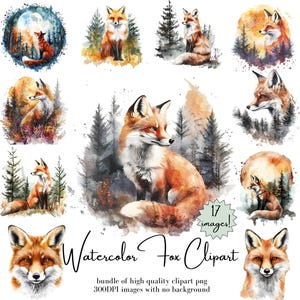 Clipart renard aquarelle - 17 graphiques renard - bébé renard Nature scènes PNG Illustrations de pépinière d'animaux mignons des bois, usage Commercial inclus