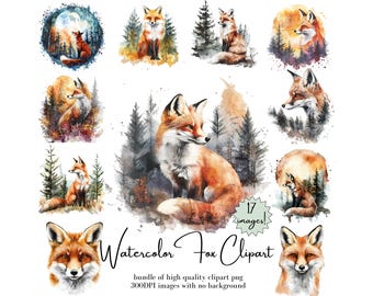 Watercolor Fox Clipart Bundle – Woodland Animal PNG Collection, Nursery Printables (Digital Download)