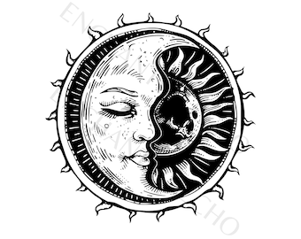 天体の太陽と月のSVG + PNG - 神秘的な線画、秘教的な異教のヴィンテージ太陽昇華プリント（デジタルダウンロード）