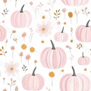 Peut inclure: Un motif sans couture avec des citrouilles roses et des éléments floraux délicats dans des tons de rose, jaune et marron. Le design est parfait pour les projets et les travaux manuels sur le thème de l'automne.