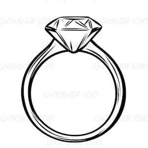 Puede incluir: Un dibujo de línea simple de un anillo de compromiso de diamantes. El anillo está hecho de una banda delgada con un diamante grande y redondo.