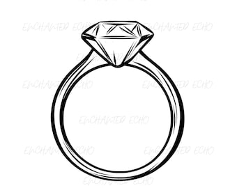 Pode incluir: Um desenho de linha simples de um anel de noivado de diamante. O anel é feito de uma banda fina com um grande diamante redondo.