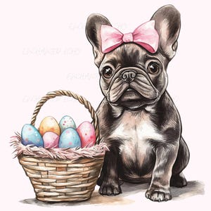 Französische Bulldogge Ostern Png - Osterkorb Rosa Schleife Png Kokette Osterhund Png Süßer schwarzer Frenchie Ostern Sublimations Png Osterhase Hund