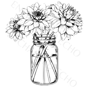 May include: A black and white line drawing of a mason jar filled with a bouquet of dahlias.