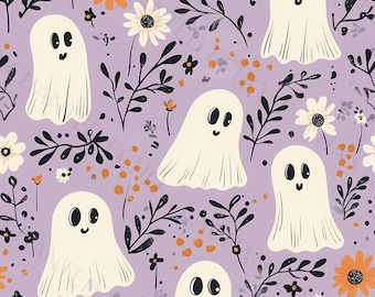 Seamless Halloween Wildflower Ghosts Pattern - Ghost Floral Spooky Boho JPG