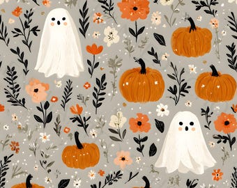 Fantasmi di Halloween con fiori selvatici: motivo senza soluzione di continuità - Carta digitale floreale con fantasmi ripetuti in stile cottagecore e grandmillennial