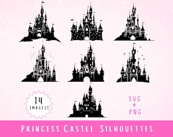 Princess Castles SVG & PNG Bundle - 14 Images, 28 Total Files - Fantasy Silhouette Castle Clipart