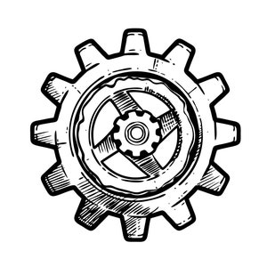 May include: A black and white line drawing of a gear with a smaller gear inside. The larger gear has a detailed, textured design.