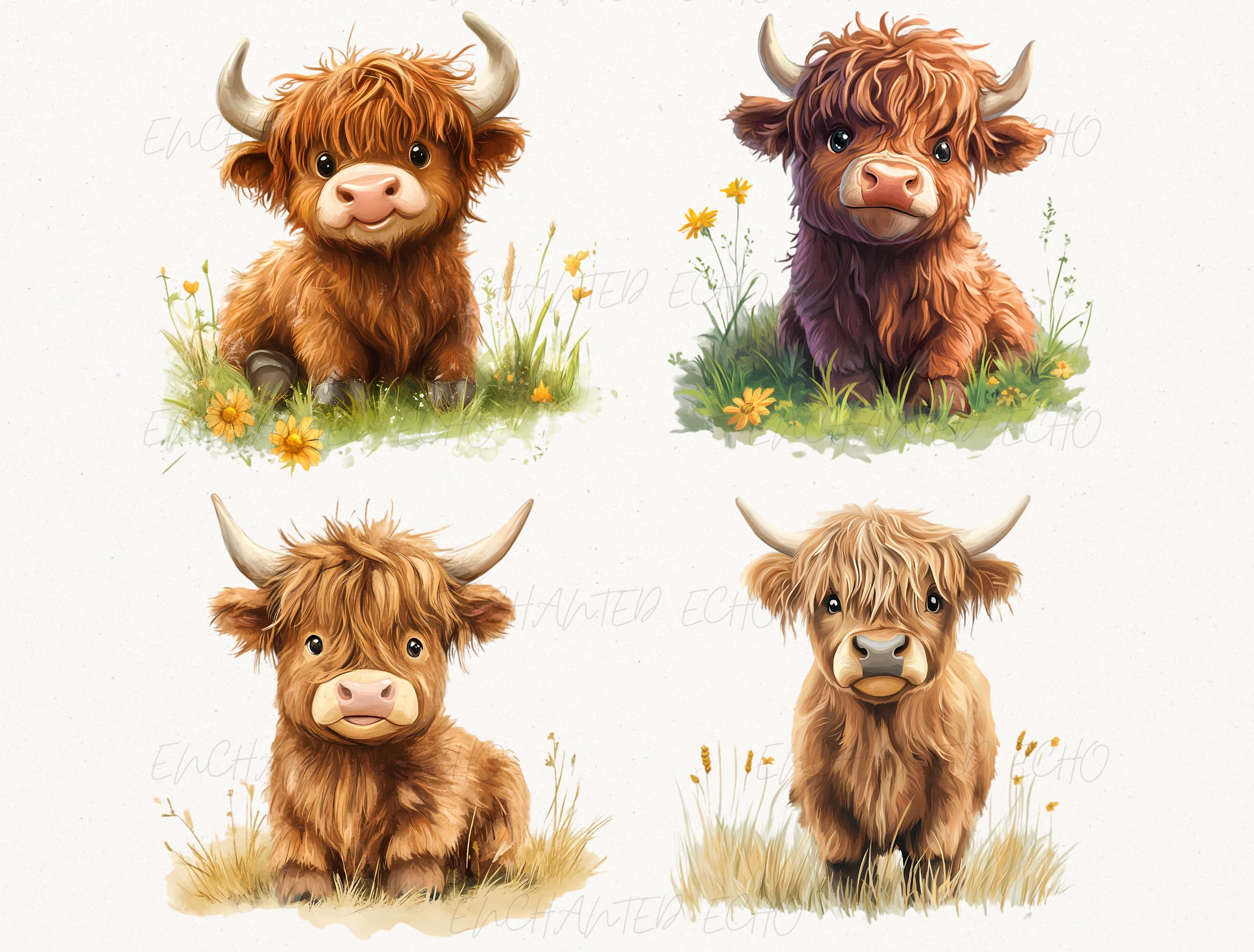 Baby Highland Cow Clipart Bundle - Spring Wildflower Watercolor Baby ...