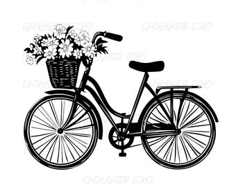 Vintage Bicycle With Flower Basket Bike Floral Wildflowers Silhouette SVG + PNG