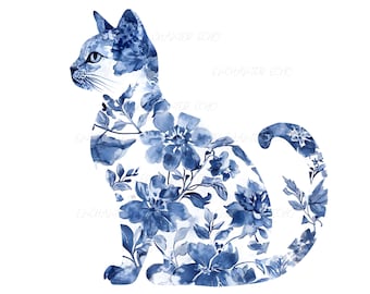 Gato estilo chinoiserie PNG - Clip art de gatito chino azul, sublimación de gatos coquetos de toile azul (descarga digital)