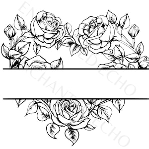 May include: Black and white floral design featuring roses, buds, and leaves. The design includes two horizontal lines, creating space for text. The image is a detailed line drawing, suitable for various creative projects.