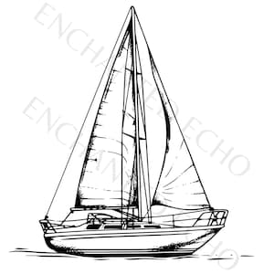 May include: A black and white line drawing of a sailboat with a single sail. The sailboat is on the water.