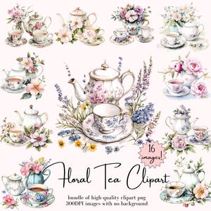 Set da tè floreale ad acquerello Clipart Bundle - Vintage Wildflower Tea Party PNG Tea Time Clipart Floral Teacup PNG 300 DPI, per uso commerciale