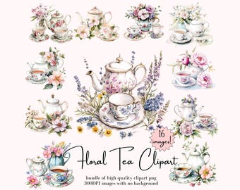 Watercolor Floral Tea Set Clipart Bundle - Vintage Wildflower Tea Party Teacup PNG Sublimation (DigitalDownload)