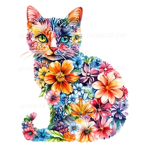 May include: A watercolor illustration of a seated cat composed of colorful flowers. The cat's face is split, with one side featuring yellow and orange flowers and the other side with blue and purple flowers. The cat has green and blue eyes.