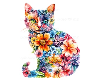 水彩画の野花猫 PNG - 花柄猫昇華、春の花子猫シャツクリップアート