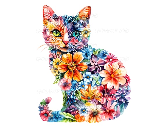 水彩画の野花猫 PNG - 花柄猫昇華、春の花子猫シャツクリップアート