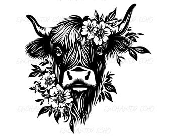 Floral Highland Cow SVG + PNG Set - Cow Head Clipart, Bull Wildflowers Sublimation (Digital Download)